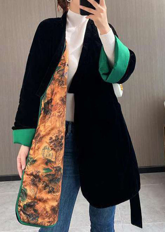 Loose Black Sashes Pockets Patchwork Fine Cotton Filled Velour Coat Winter