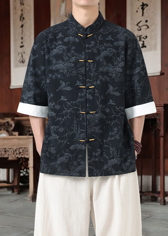 Loose Black Stand Collar Chinese Button Cotton Shirt Half Sleeve
