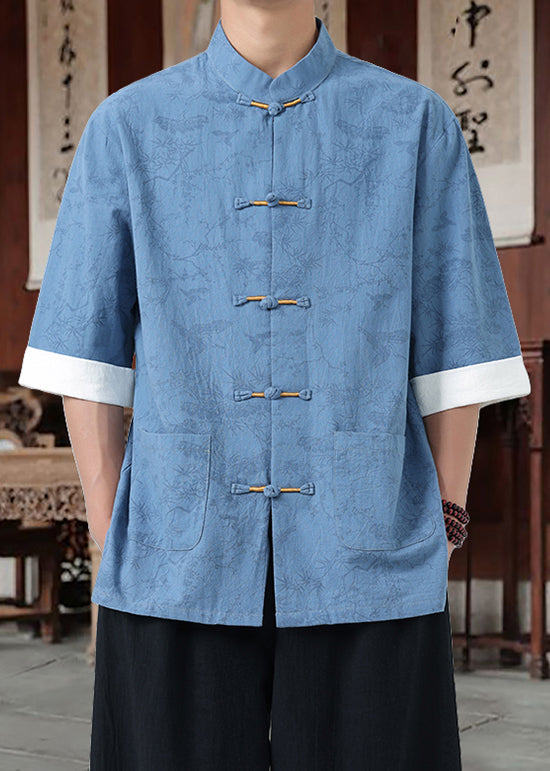 Loose Black Stand Collar Chinese Button Cotton Shirt Half Sleeve