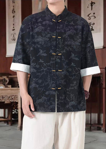 Loose Black Stand Collar Chinese Button Cotton Shirt Half Sleeve