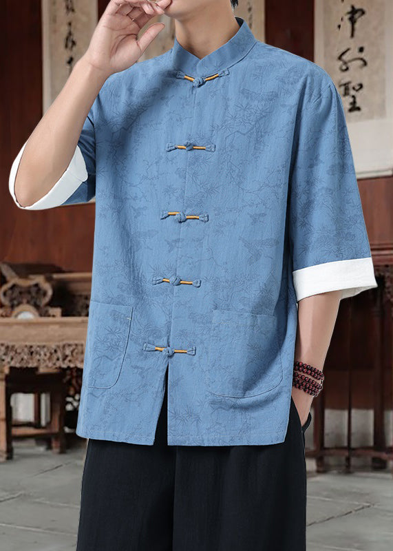 Loose Black Stand Collar Chinese Button Cotton Shirt Half Sleeve