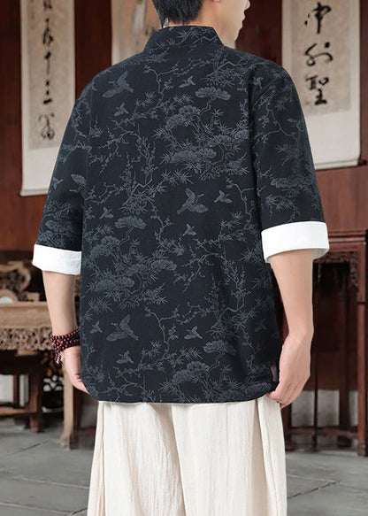 Loose Black Stand Collar Chinese Button Cotton Shirt Half Sleeve