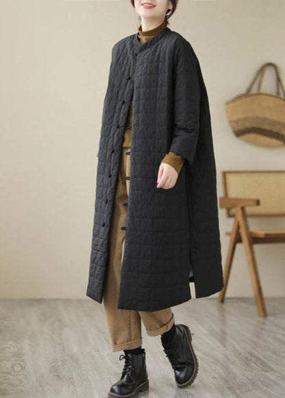 Loose Black Stand Collar Side Open Oriental Button Witner Coats