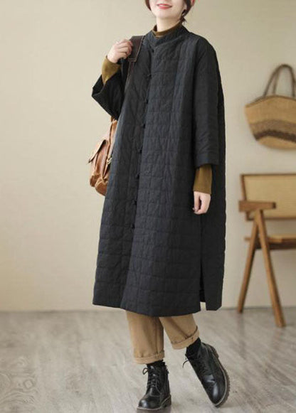 Loose Black Stand Collar Side Open Oriental Button Witner Coats