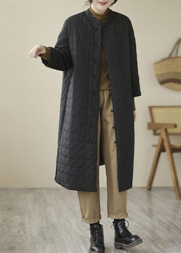 Loose Black Stand Collar Side Open Oriental Button Witner Coats