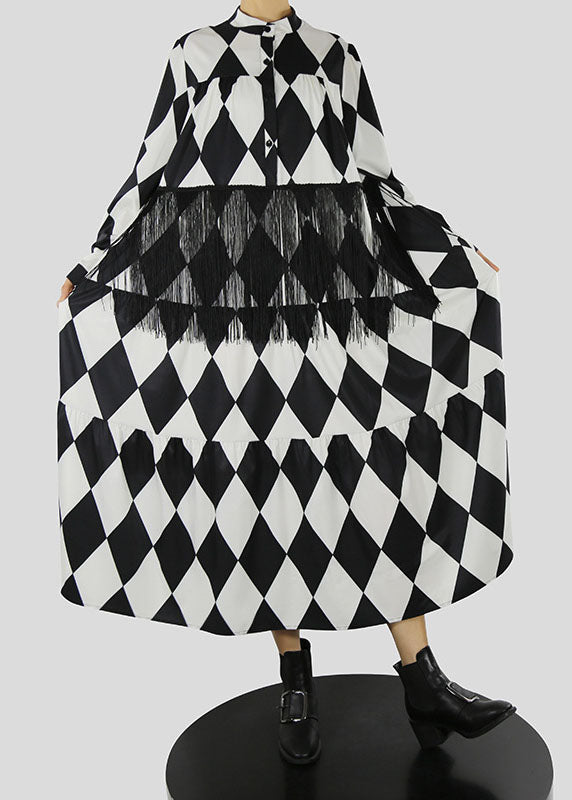 Loose Black Stand Collar Tassel Print Shirt Dress Spring