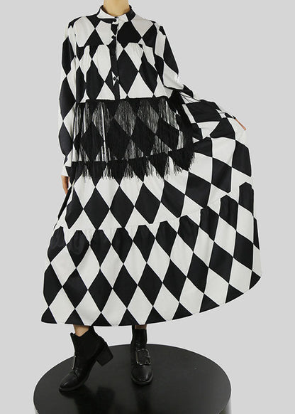 Loose Black Stand Collar Tassel Print Shirt Dress Spring