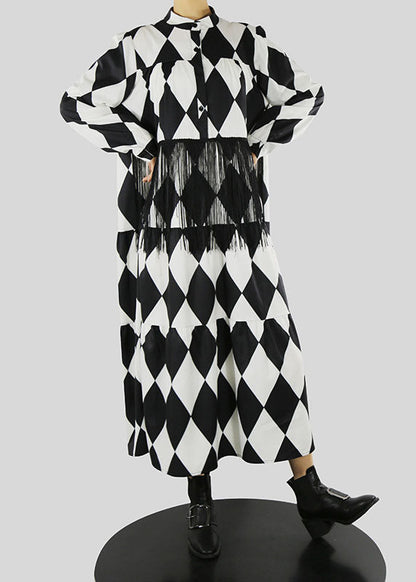Loose Black Stand Collar Tassel Print Shirt Dress Spring