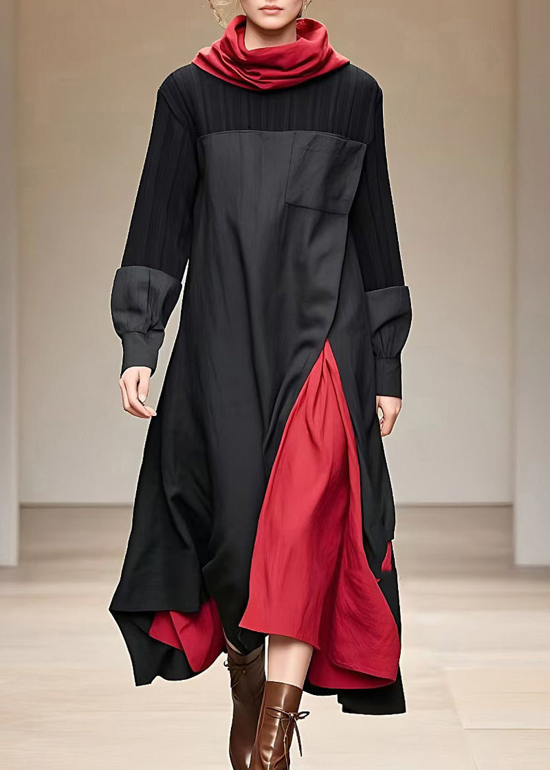 Loose Black Turtleneck Patchwork Long Dress Fall