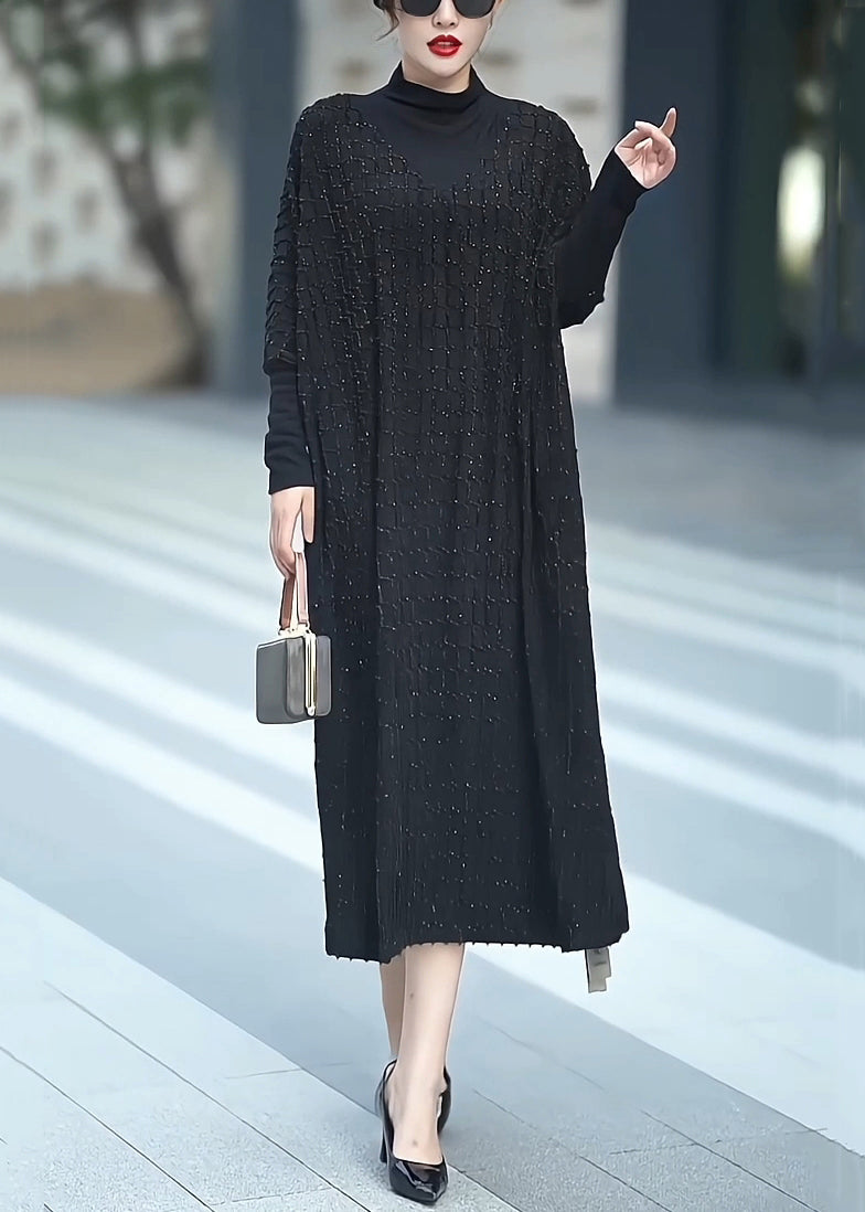 Loose Black Turtleneck Cashmere Maxi Dresses Batwing Sleeve