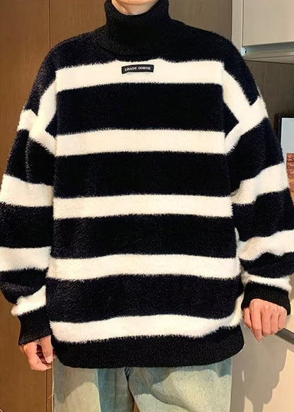 Loose Black Turtleneck Striped Mink Hair Knitted Sweater Winter