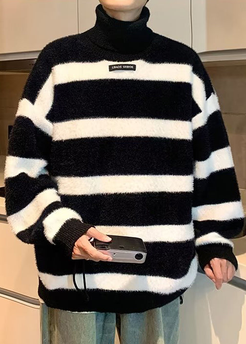 Loose Black Turtleneck Striped Mink Hair Knitted Sweater Winter