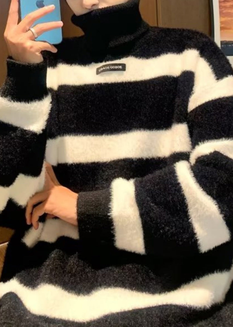 Loose Black Turtleneck Striped Mink Hair Knitted Sweater Winter