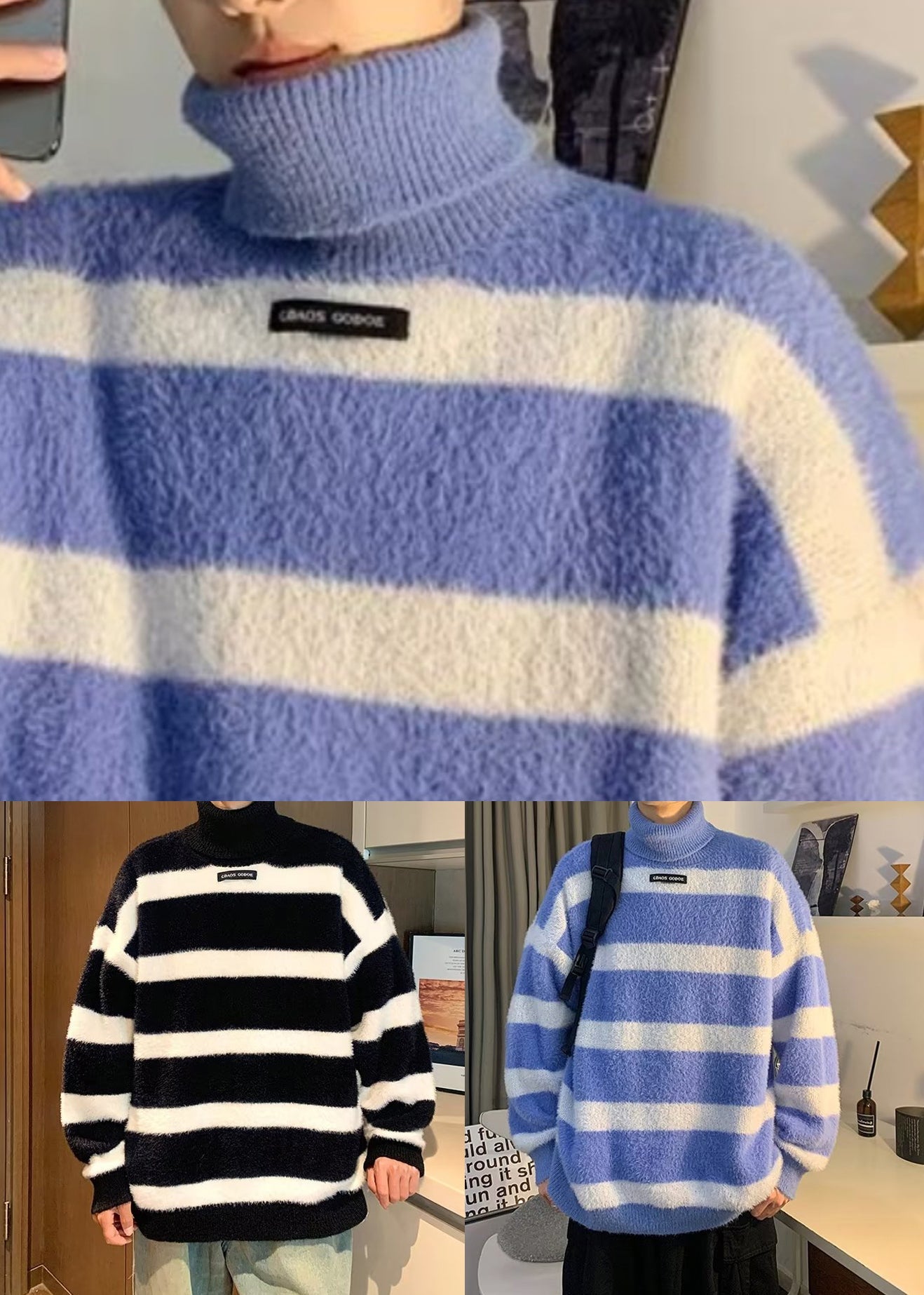 Loose Black Turtleneck Striped Mink Hair Knitted Sweater Winter