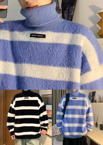 Loose Black Turtleneck Striped Mink Hair Knitted Sweater Winter
