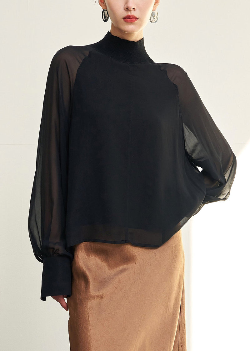 Loose Black Turtleneck Thin Silk Shirt Fall