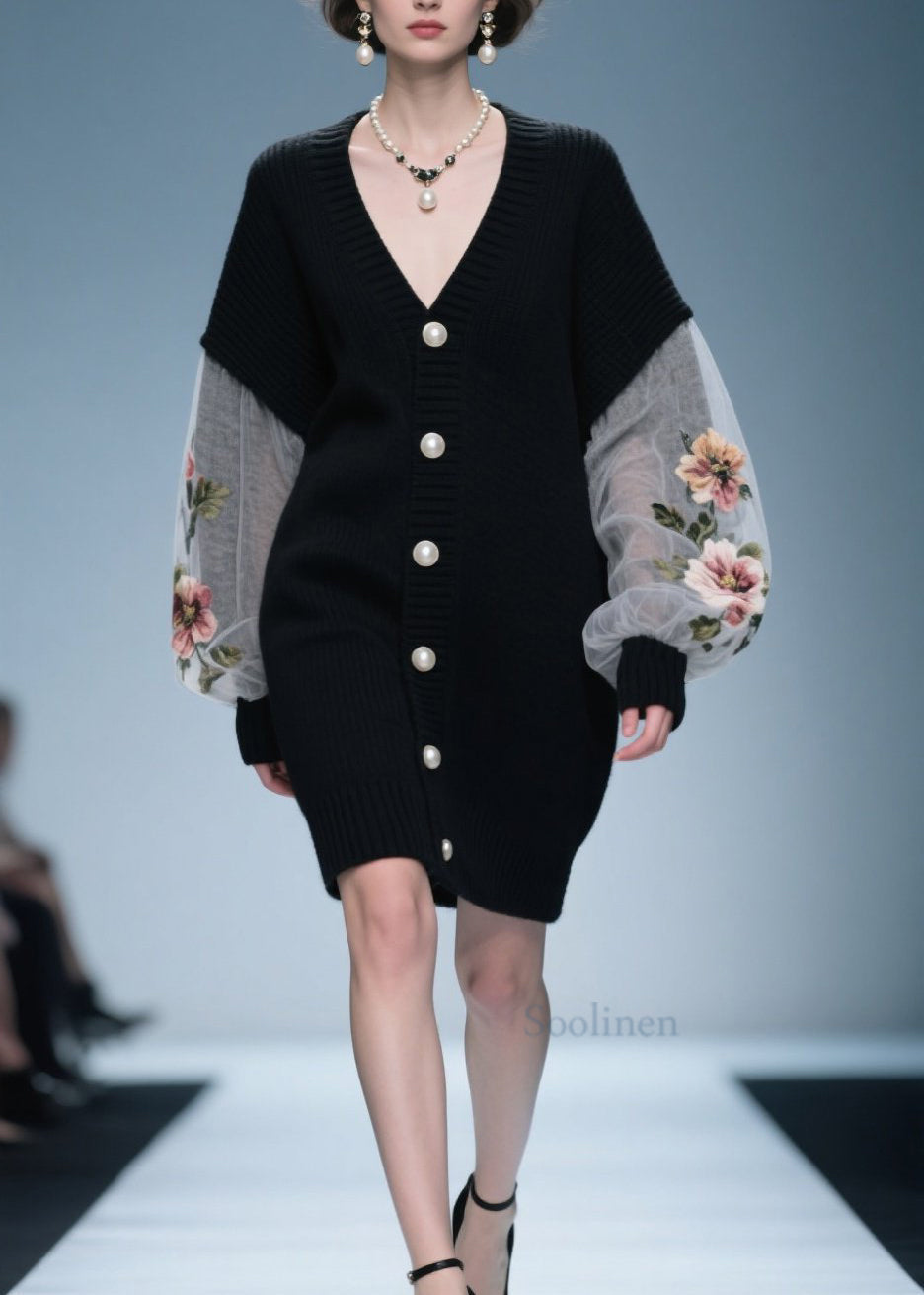 Loose Black V Neck Button Patchwork Knit Coat Fall