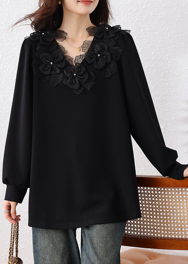 Loose Black V Neck Nail Bead Cotton Sweatshirts Fall
