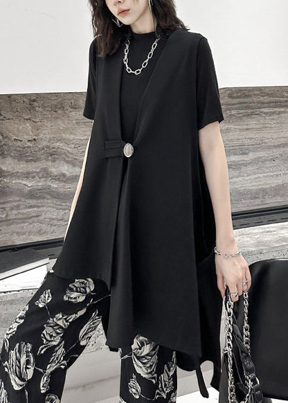 Loose Black V Neck Low High Design Patchwork Cotton Waistcoat Sleeveless