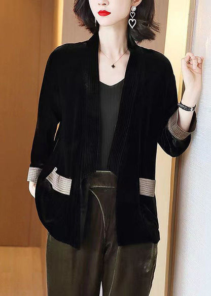 Loose Purple V-neck Pockets Silk Velour Cardigans Bracelet Sleeve