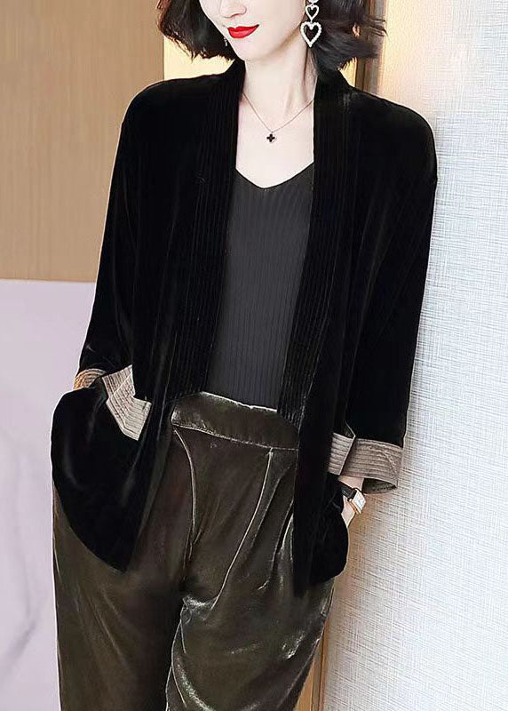Loose Blue V-neck Pockets Silk Velour Cardigans Bracelet Sleeve