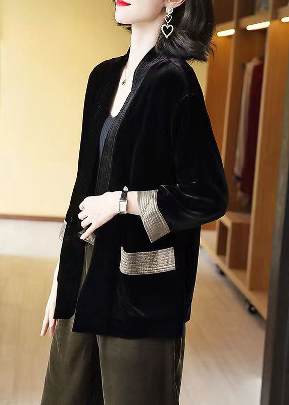 Loose Wine Red V-neck Pockets Silk Velour Cardigans Bracelet Sleeve