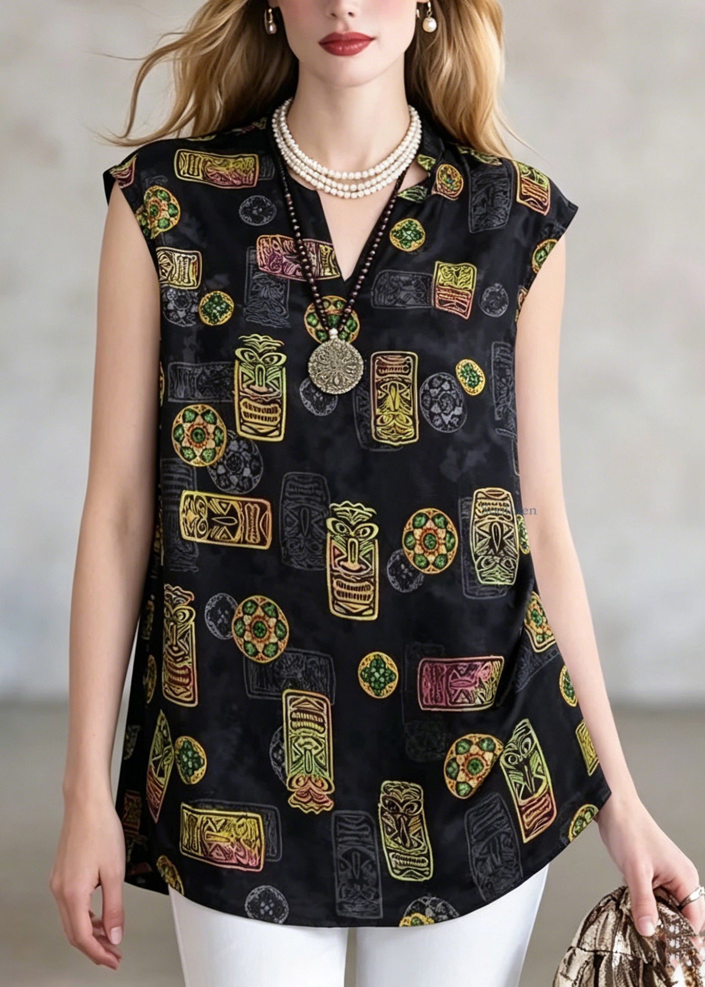 Loose Black V Neck Print T Shirt Short Sleeve