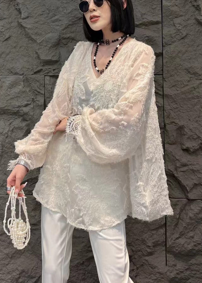 Loose Black V Neck Chiffon Shirt Long Sleeve