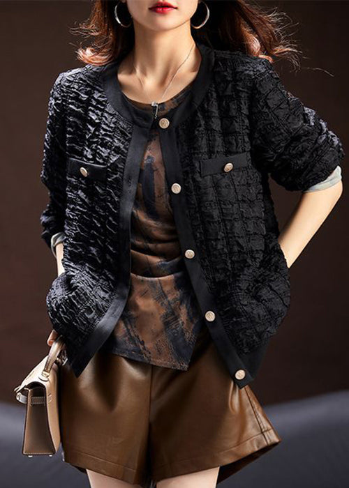 Loose Black Wrinkled Button Cotton Coat Long Sleeve