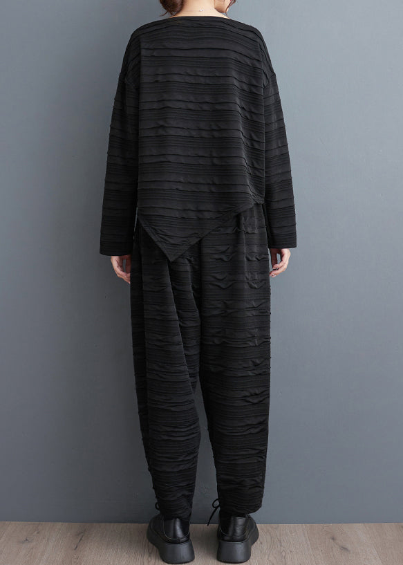 Loose Black Wrinkled Patchwork Tops and Harem Pants Cotton Two Pieces Set Fall