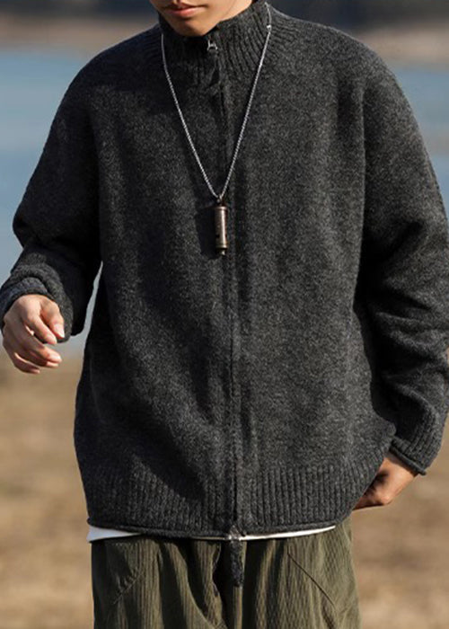 Loose Black Zip Up Patchwork Knit Coats Spring