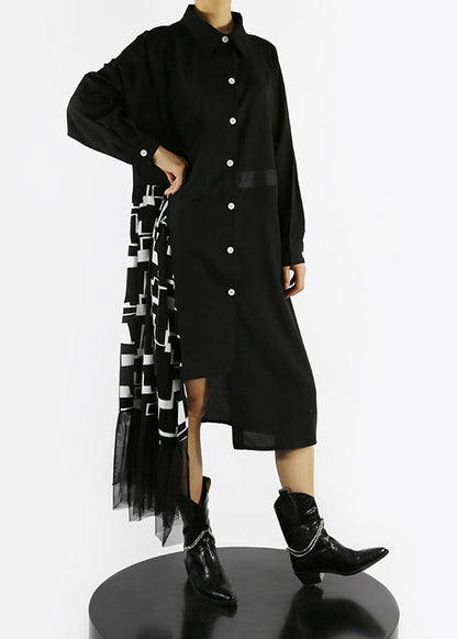 Loose Black Button Asymmetrical Design Peter Pan Collar Patchwork Shirt Dresses Spring