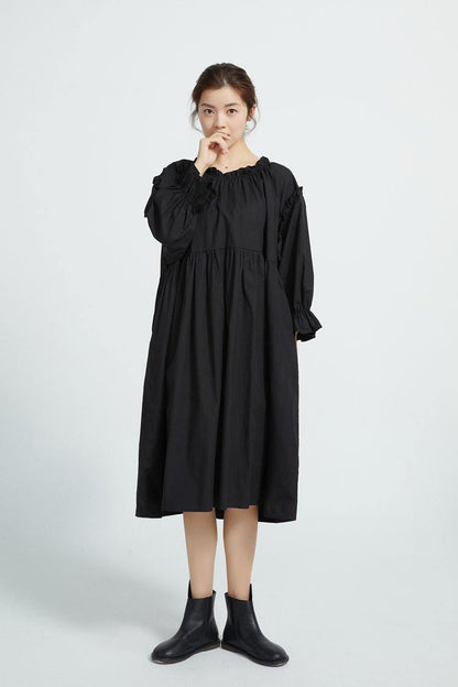 Loose Black Cotton Tunics High Waist Loose Dress