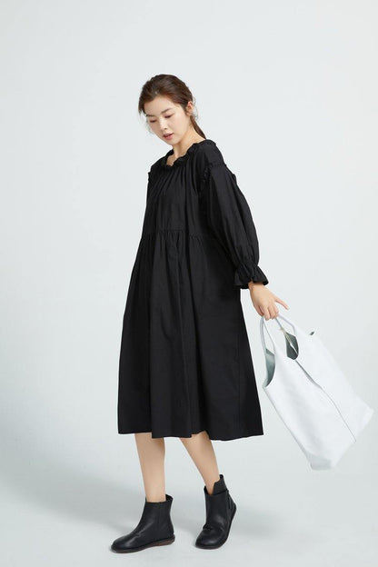 Loose Black Cotton Tunics High Waist Loose Dress