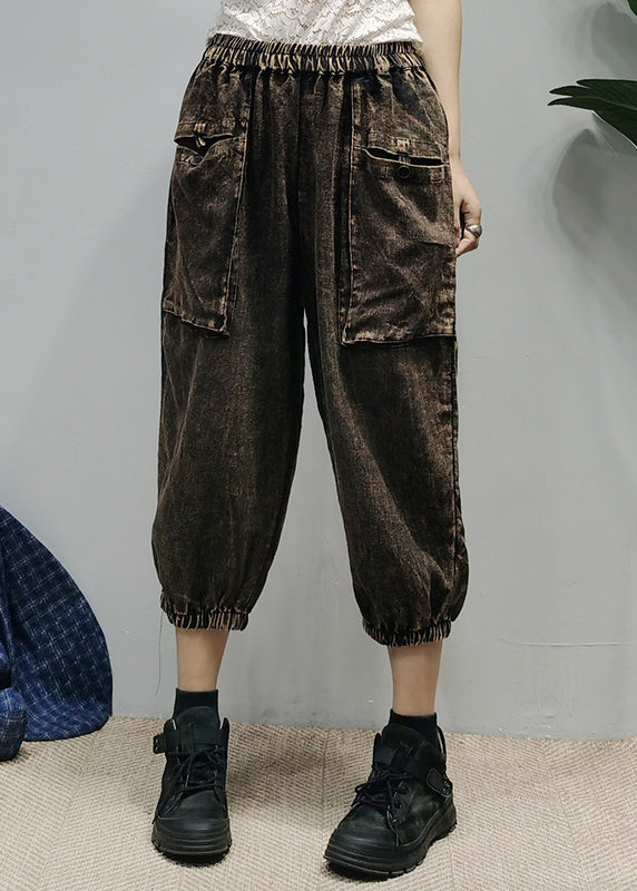 Loose Black Elastic Waist Pockets Linen Pants Spring