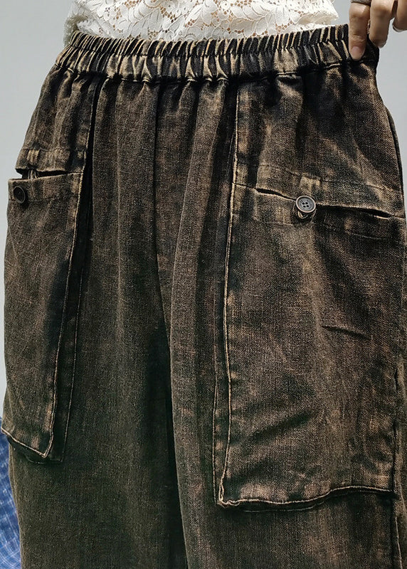 Loose Black Elastic Waist Pockets Linen Pants Spring