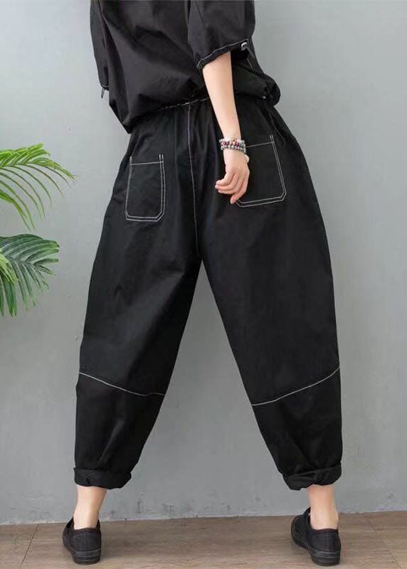 Loose Black High Waist Patchwork Cotton Pants Spring