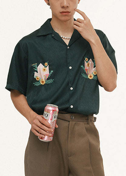 Loose Blackish Green Embroideried Button Cotton Shirts Summer