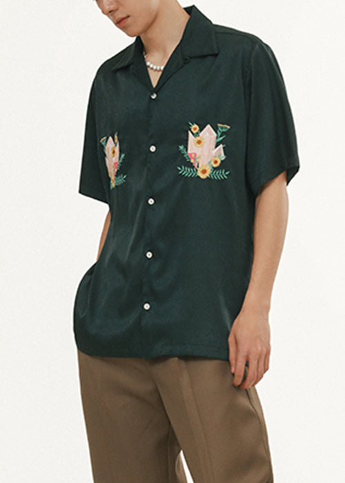Loose Blackish Green Embroideried Button Cotton Shirts Summer