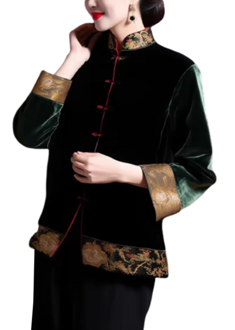 Loose Blackish Green Embroidered Button Silk Coats Long Sleeve