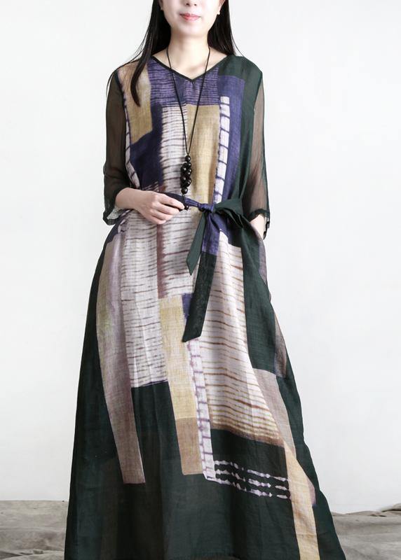 Loose Blackish Green Print Linen Maxi Dresses Half Sleeve