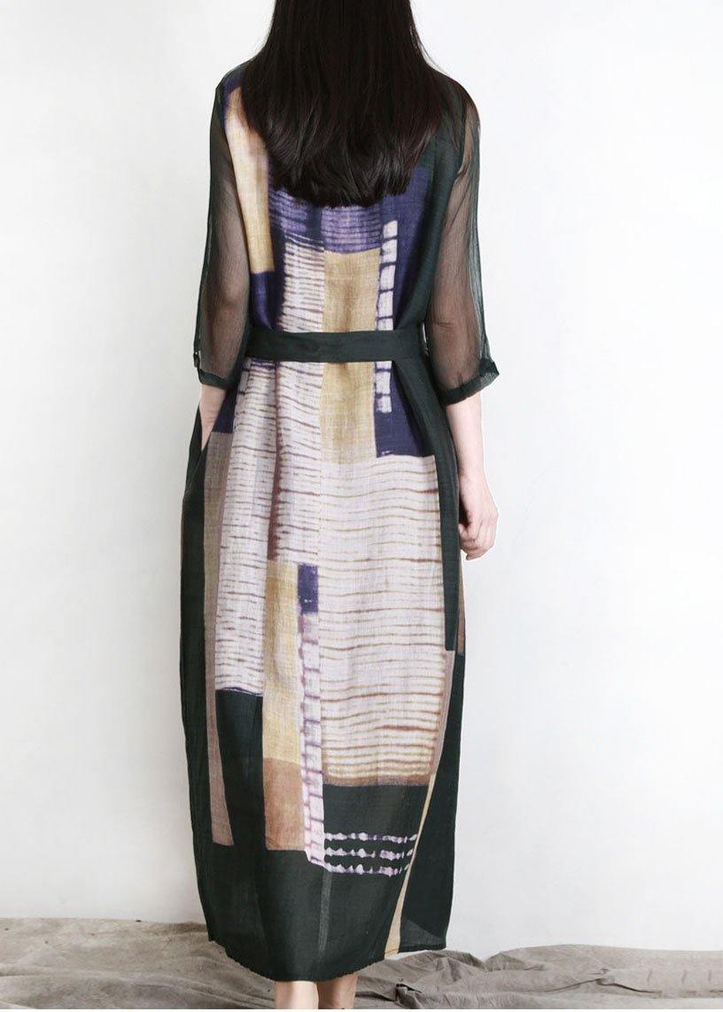 Loose Blackish Green Print Linen Maxi Dresses Half Sleeve