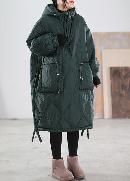 Loose Blackish Green Zippered Patchwork Maxi Hooded Cotton Blend Down Coats Winter