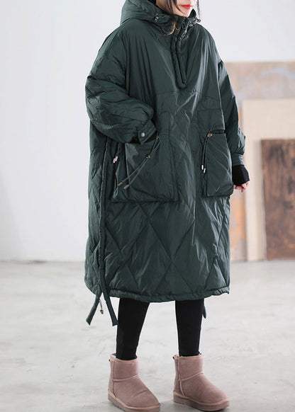 Loose Blackish Green Zippered Patchwork Maxi Hooded Cotton Blend Down Coats Winter