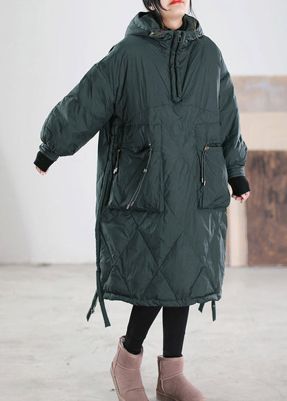 Loose Blackish Green Zippered Patchwork Maxi Hooded Cotton Blend Down Coats Winter