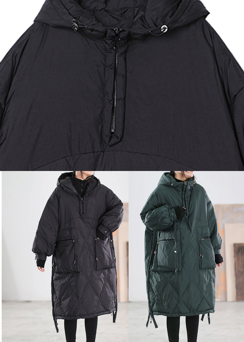 Loose Blackish Green Zippered Patchwork Maxi Hooded Cotton Blend Down Coats Winter