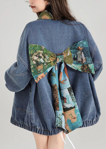 Loose Blue Bow Button Patchwork Denim Coat Spring