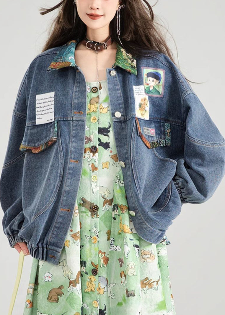 Loose Blue Bow Button Patchwork Denim Coat Spring
