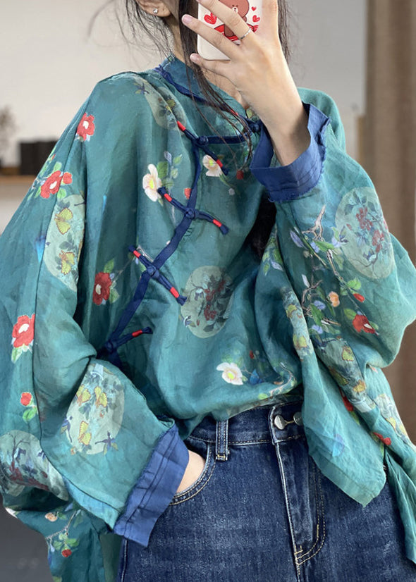Loose Brown Flower Button Print Patchwork Cotton Shirts Long Sleeve