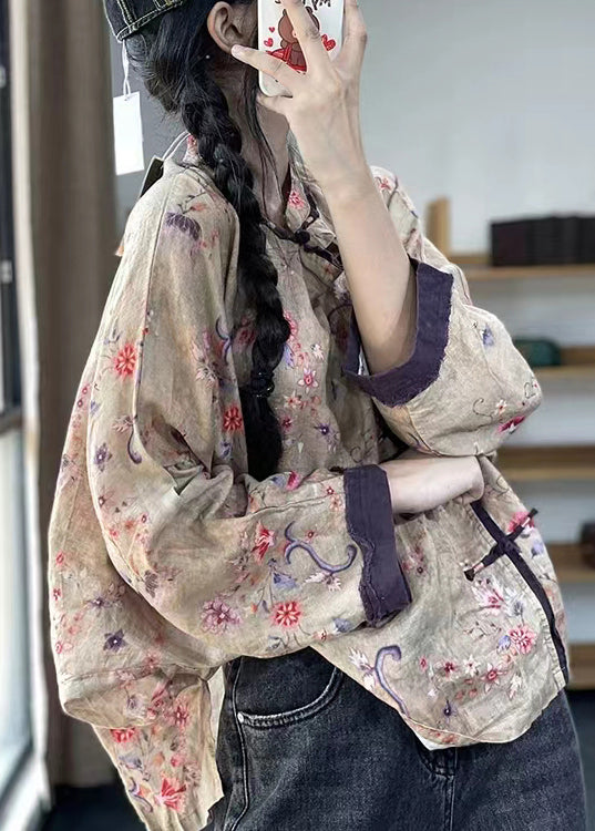 Loose Brown Flower Button Print Patchwork Cotton Shirts Long Sleeve